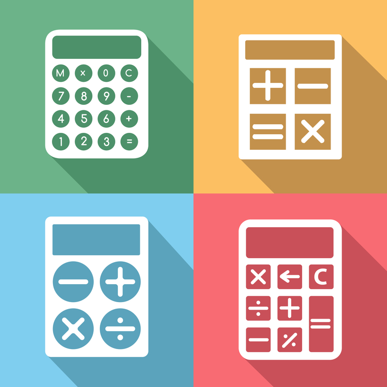 Calculator icons set with long shadow effect. Button and mathematics, electronic digit, finance and numeral, display set, illustration